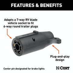 CURT 57661 Electrical Adapter (7-Way RV to 6-Round Trailer, Center Pin Brake, Packaged)