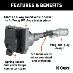 CURT 57667 Electrical Adapter (6-Way Round Vehicle to 7-Way RV Blade Trailer)