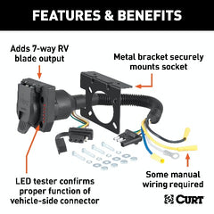 CURT 57674 Dual-Output Electrical Adapter with Tester (Adds 7-Way RV Blade to 4-Way Flat)