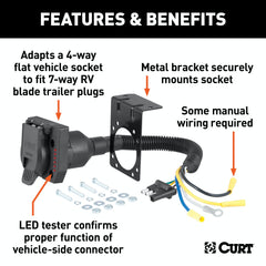 CURT 57676 Electrical Adapter with Tester (4-Way Flat Vehicle to 7-Way RV Blade Trailer)