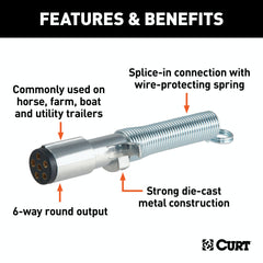 CURT 58083 6-Way Round Connector Plug with Spring (Trailer Side, Packaged)