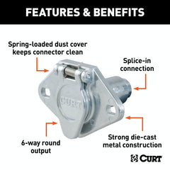 CURT 58090 6-Way Round Connector Socket (Vehicle Side, Diecast Metal)
