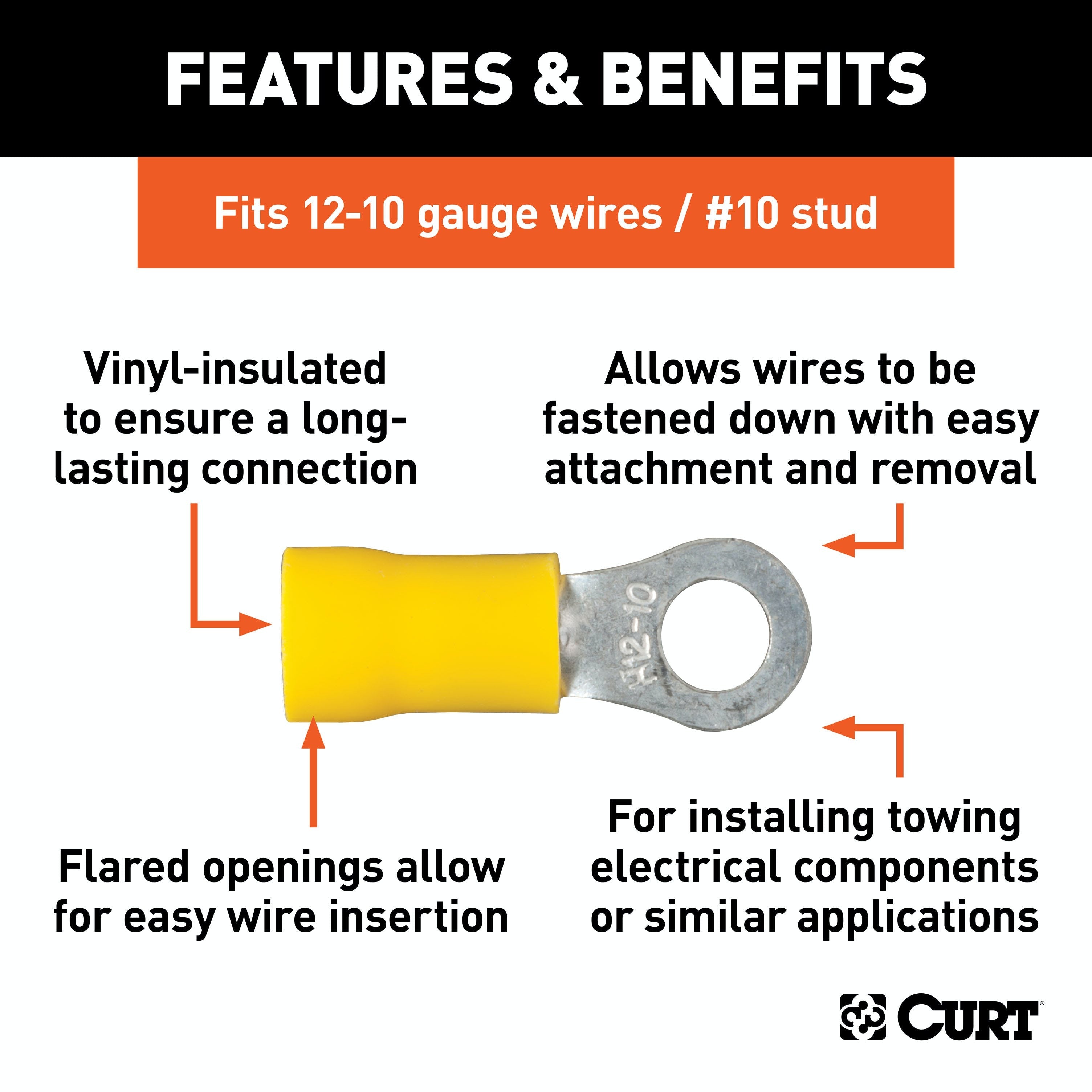 CURT 59531 Ring Terminals (12-10 Wire Gauge, #10 Stud Size, 100-Pack)