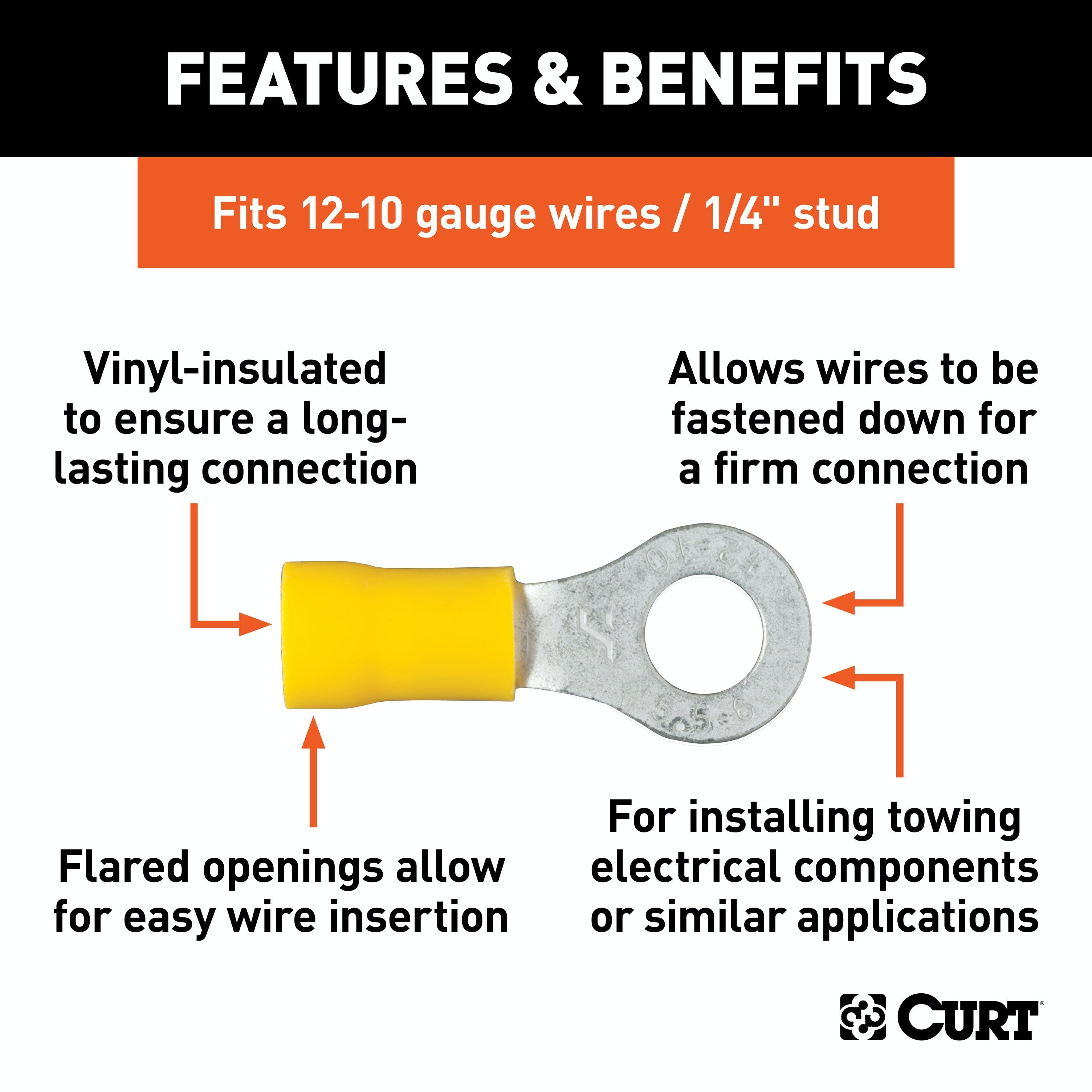 CURT 59534 Ring Terminals (12-10 Wire Gauge, 1/4 Stud Size, 100-Pack)