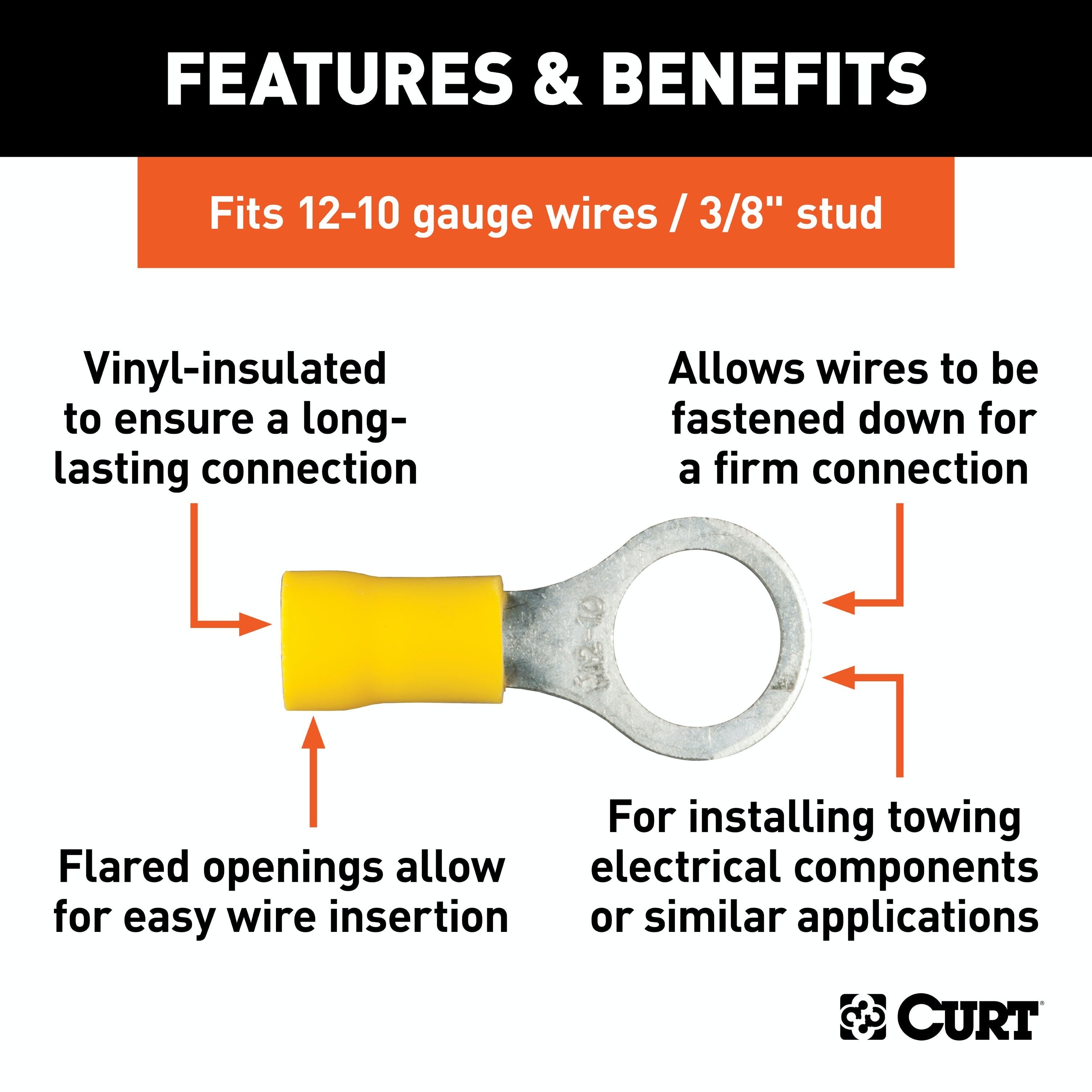 CURT 59538 Ring Terminals (12-10 Wire Gauge, 3/8 Stud Size, 100-Pack)