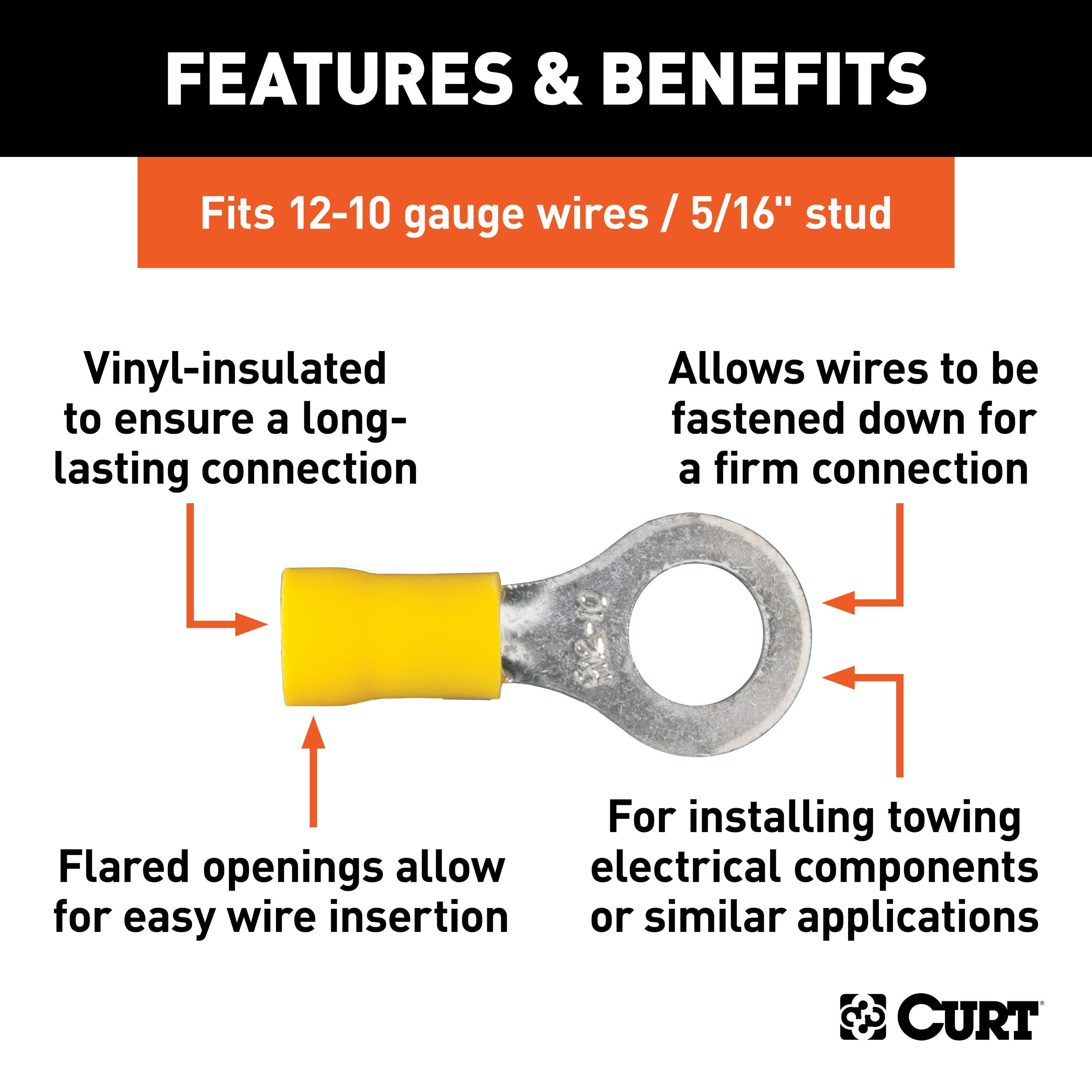 CURT 59556 Ring Terminals (12-10 Wire Gauge, 5/16 Stud Size, 100-Pack)