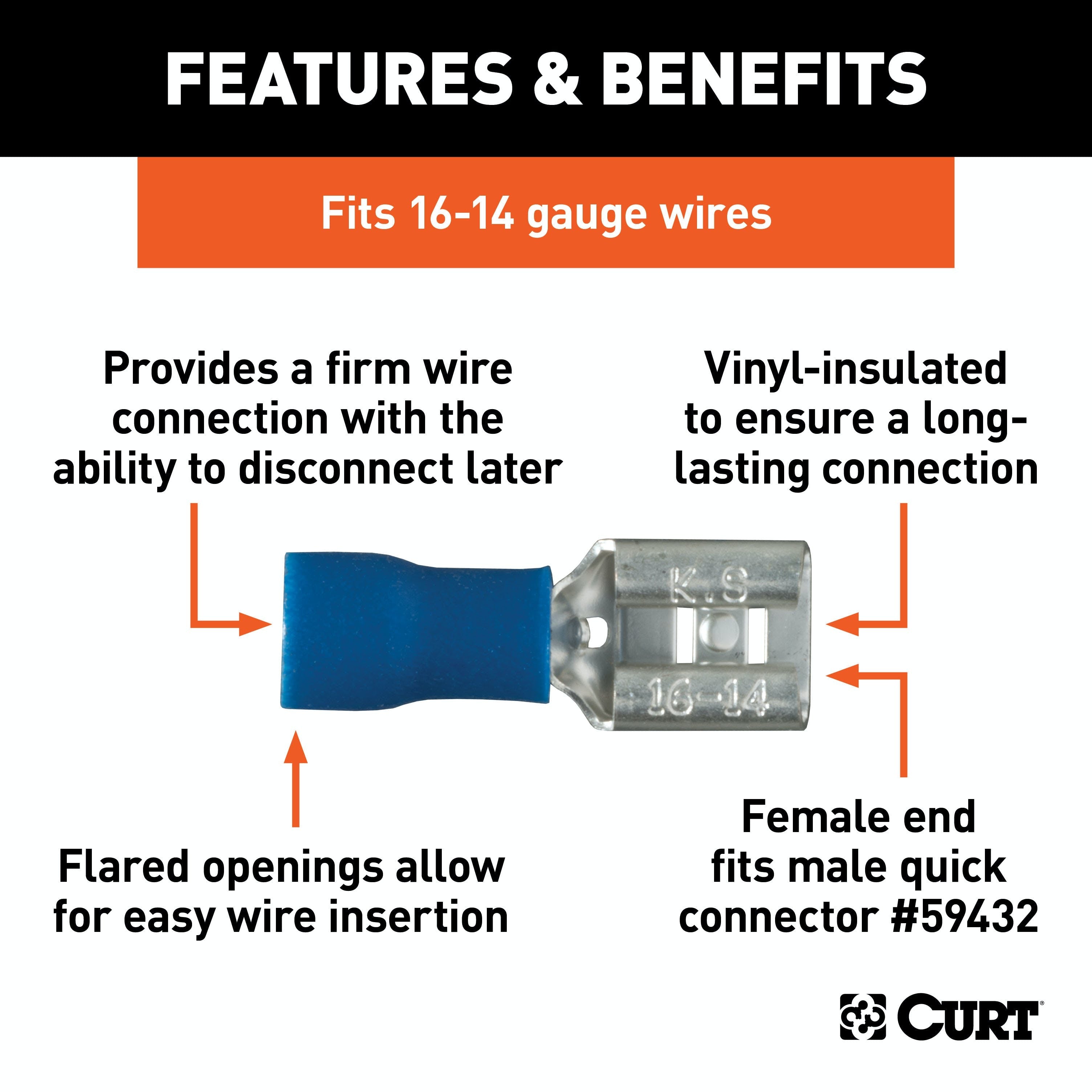 CURT 59592 Female Quick Connectors (16-14 Wire Gauge, 100-Pack)