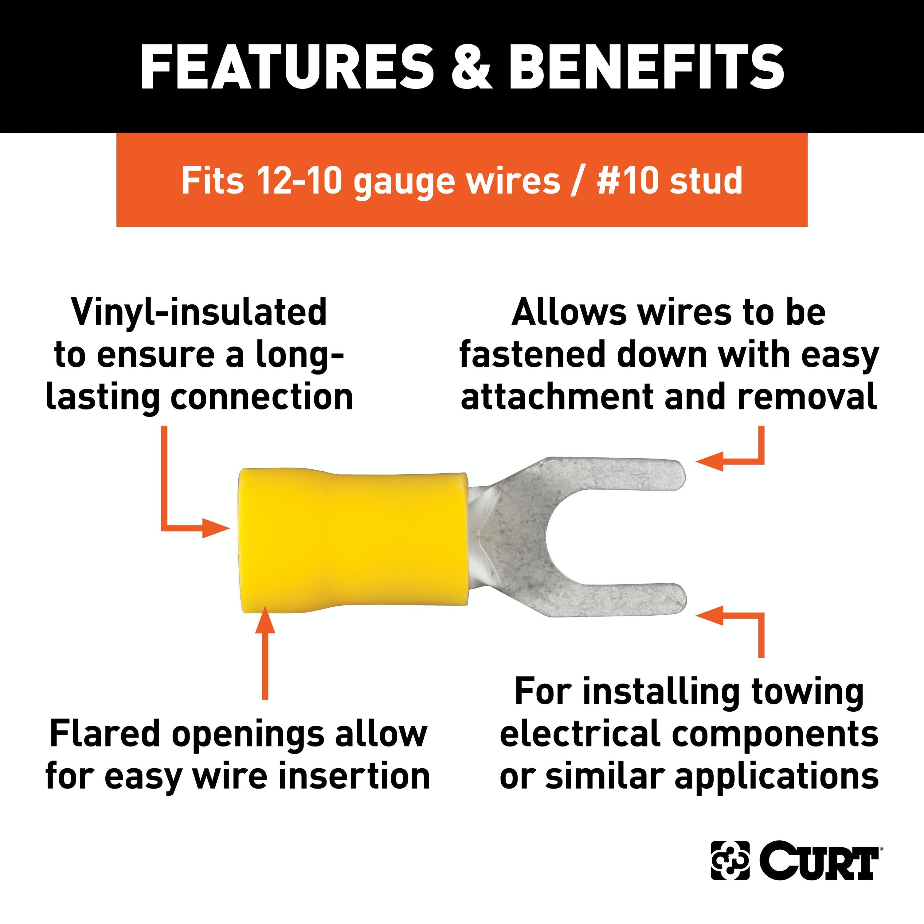 CURT 59631 Spade Terminals (12-10 Wire Gauge, #10 Stud Size, 100-Pack)