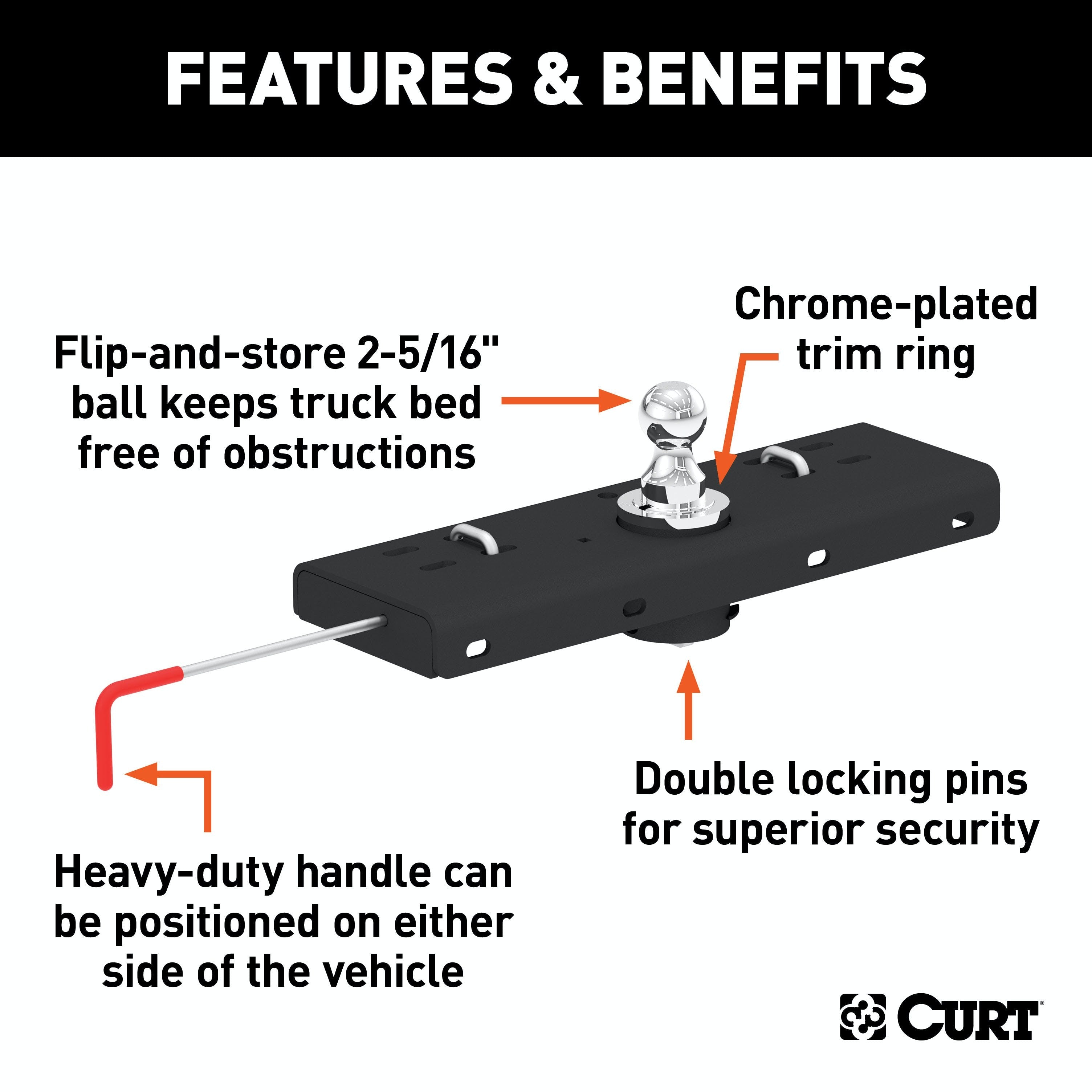 CURT 60607 Double Lock Gooseneck Hitch, 2-5/16 Ball, 30K (Brackets Required)