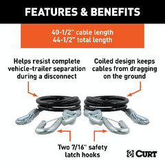 CURT 80151 44-1/2 Safety Cables with 2 Snap Hooks (5,000 lbs, Vinyl-Coated, 2-Pack)