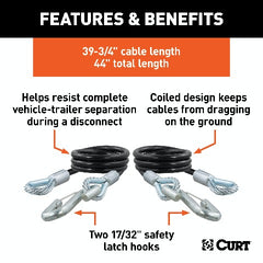 CURT 80176 44 Safety Cables with 2 Snap Hooks (7,500 lbs, Vinyl-Coated, 2-Pack)
