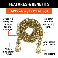 CURT 80305 14' Transport Binder Safety Chain with 2 Clevis Hooks (18,800 lbs, Yellow Zinc)