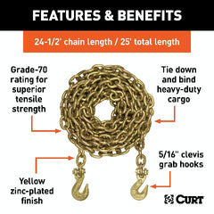 CURT 80308 25' Transport Binder Safety Chain with 2 Clevis Hooks (18,800 lbs, Yellow Zinc)