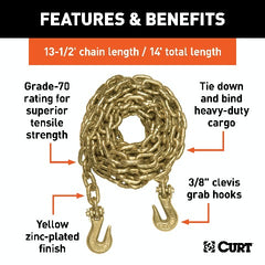 CURT 80309 14' Transport Binder Safety Chain with 2 Clevis Hooks (26,400 lbs, Yellow Zinc)