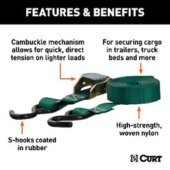 CURT 83016 16' Dark Green Cargo Straps with S-Hooks (300 lbs, 4-Pack)