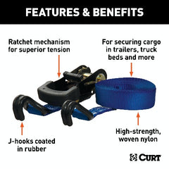 CURT 83020 16' Blue Cargo Straps with J-Hooks (733 lbs, 2-Pack)