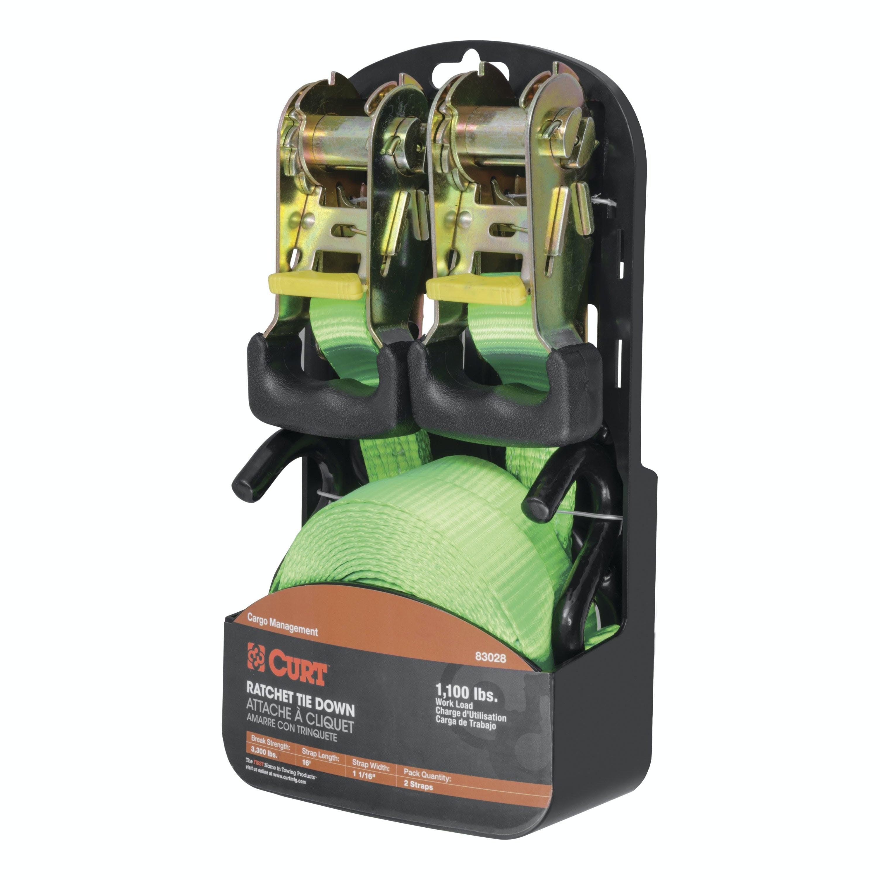 CURT 83028 16' Lime Green Cargo Straps with S-Hooks (1,100 lbs, 2-Pack)