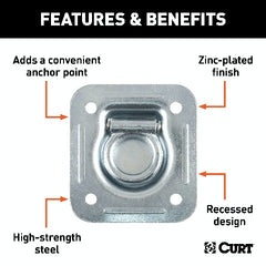 CURT 83600 1-1/2 x 1-1/2 Recessed Tie-Down Ring (5,000 lbs, Clear Zinc)