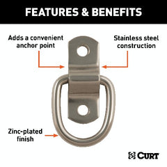CURT 83732 1 x 1-1/4 Surface-Mounted Tie-Down D-Ring (1,200 lbs, Stainless)