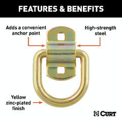 CURT 83740 3 x 3 Surface-Mounted Tie-Down D-Ring (3,600 lbs, Yellow Zinc)