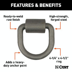 CURT 83750 3x 3 Weld-On Tie-Down D-Ring (6,100 lbs, Raw Steel)