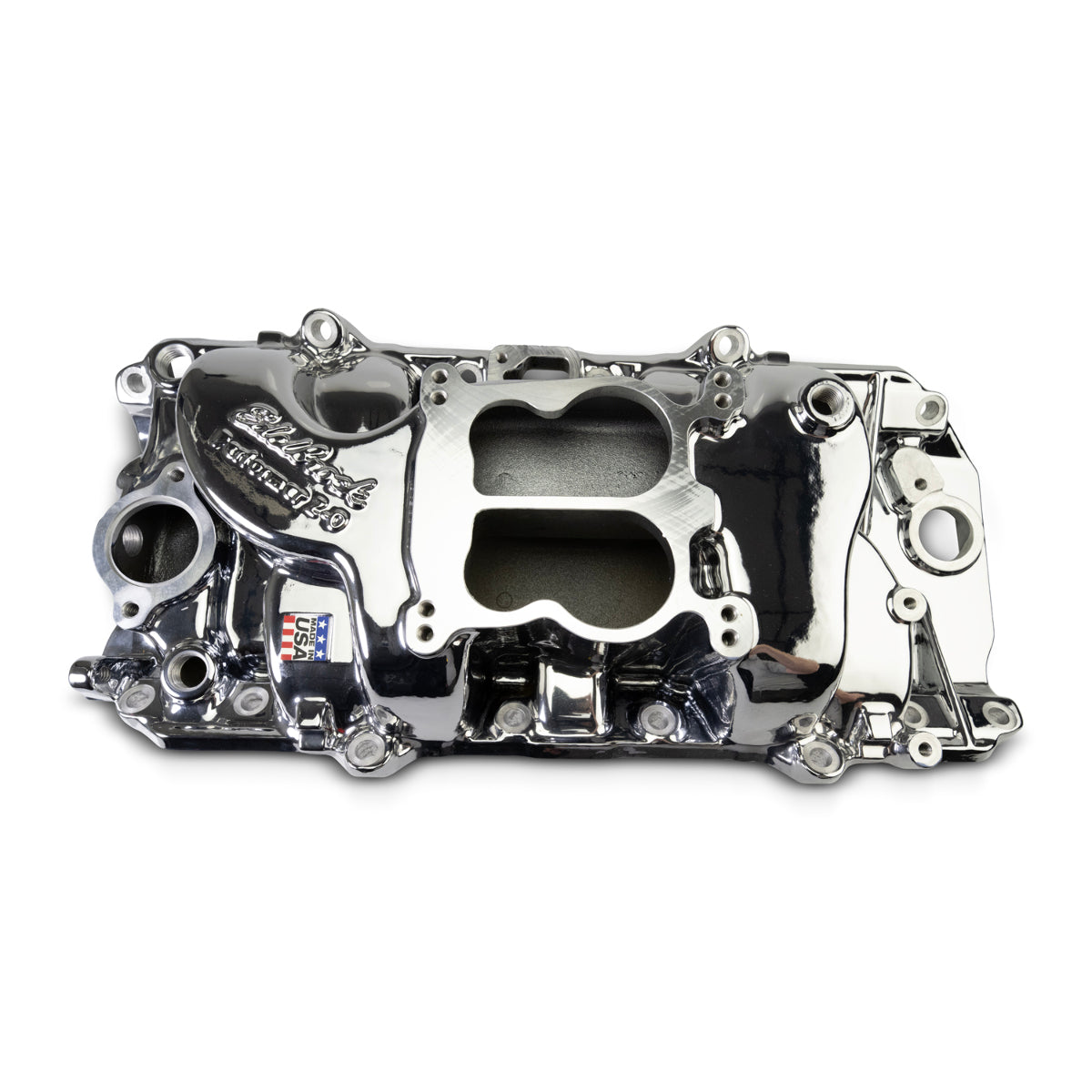 Edelbrock Performer 2-O Manifold for 1965-90 B/B Chevy Oval Port Heads, Chrome Plasma PN. 2161-CP