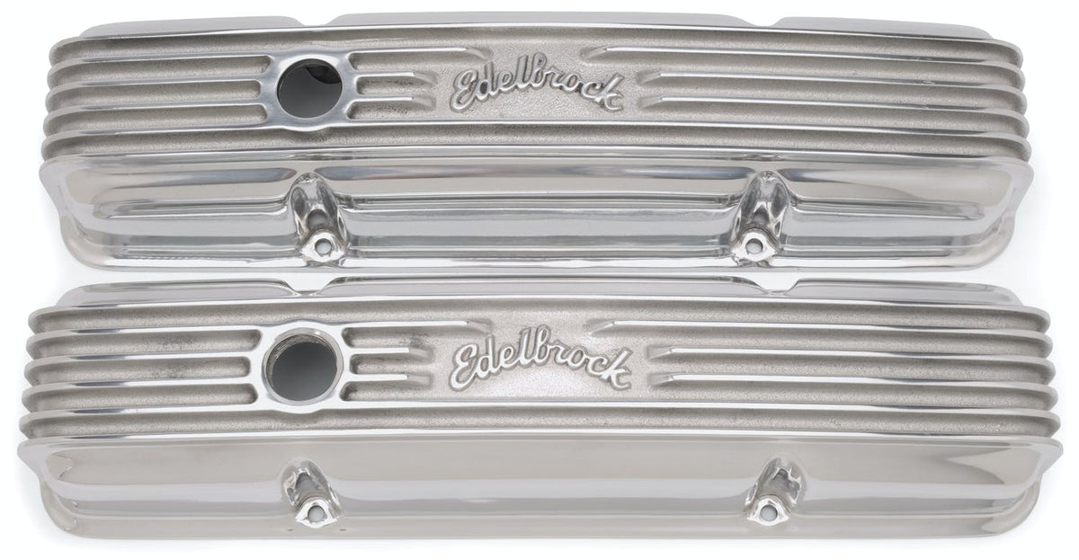 Edelbrock 4144 V/C CLASSIC ALUMINUM SBC POLISHED COMBO BREATHER HOLE and OIL FILL CAP