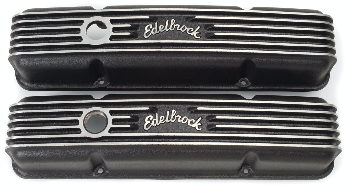 Edelbrock 41443 V/C CLASSIC FINNED ALUM SBC COMBO BREATHER HOLE and OIL FILL CAP BLK TEXTURE