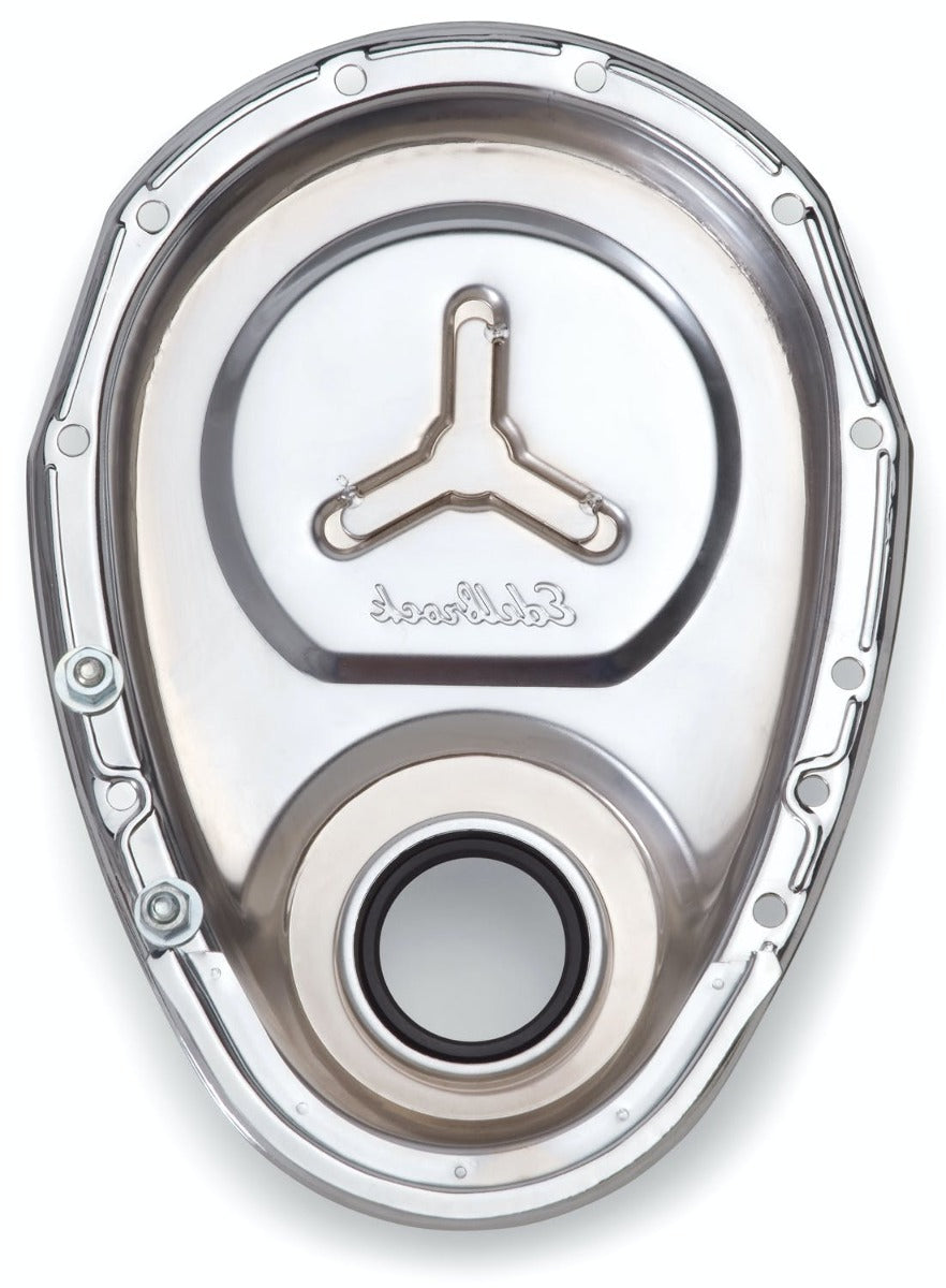 Edelbrock 4860 TIMING COVER SBC STAMPED STEEL W/WELDED STAR and LOGO CHROME