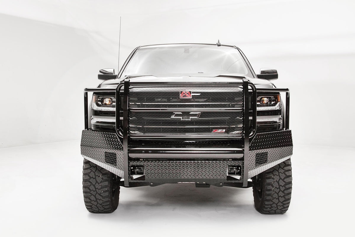Fab Fours Black Steel Front Bumper, Full Grill Guard, 2-Stage Black Powder Coat CS16-K3860-1