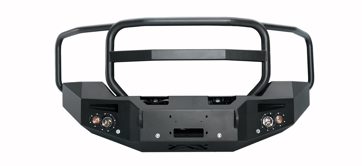 Fab Fours Premium Winch Front Bumper, Full Grill Guard, Sensor Compatible, 2-Stage Black Powder Coat GM14-C3150-1