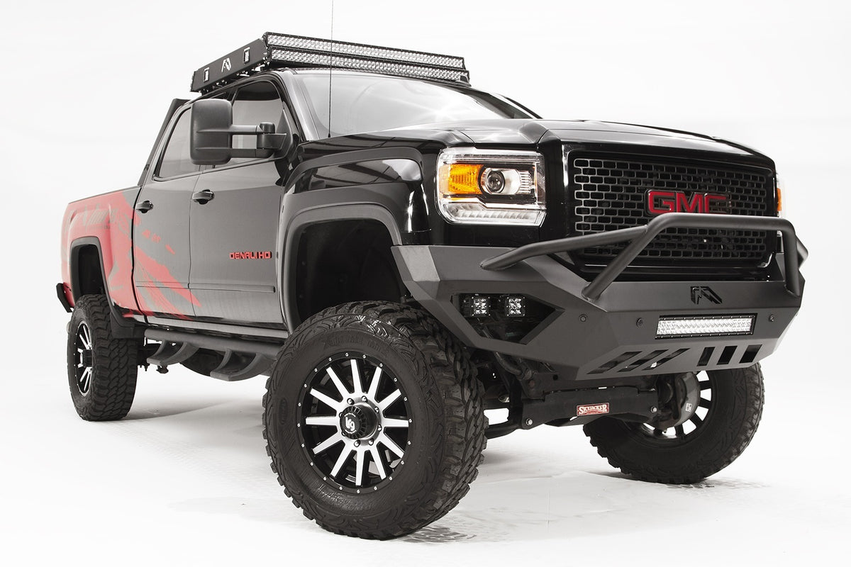 Fab Fours Vengeance Front Bumper, Pre-Runner Guard, Sensor Compatible, 2-Stage Black Powder Coat GM15-V3152-1