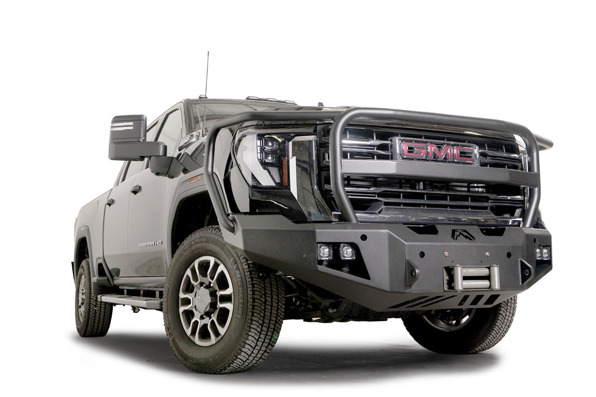 Fab Fours Premium Winch Front Bumper, Full Grill Guard, Sensor Compatible, 2-Stage Black Powder Coat GM24-A6250-1