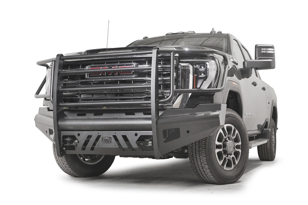 Fab Fours Elite Front Bumper, Full Grill Guard, Sensor Compatible, Black Powder Coat GM24-Q6260-1