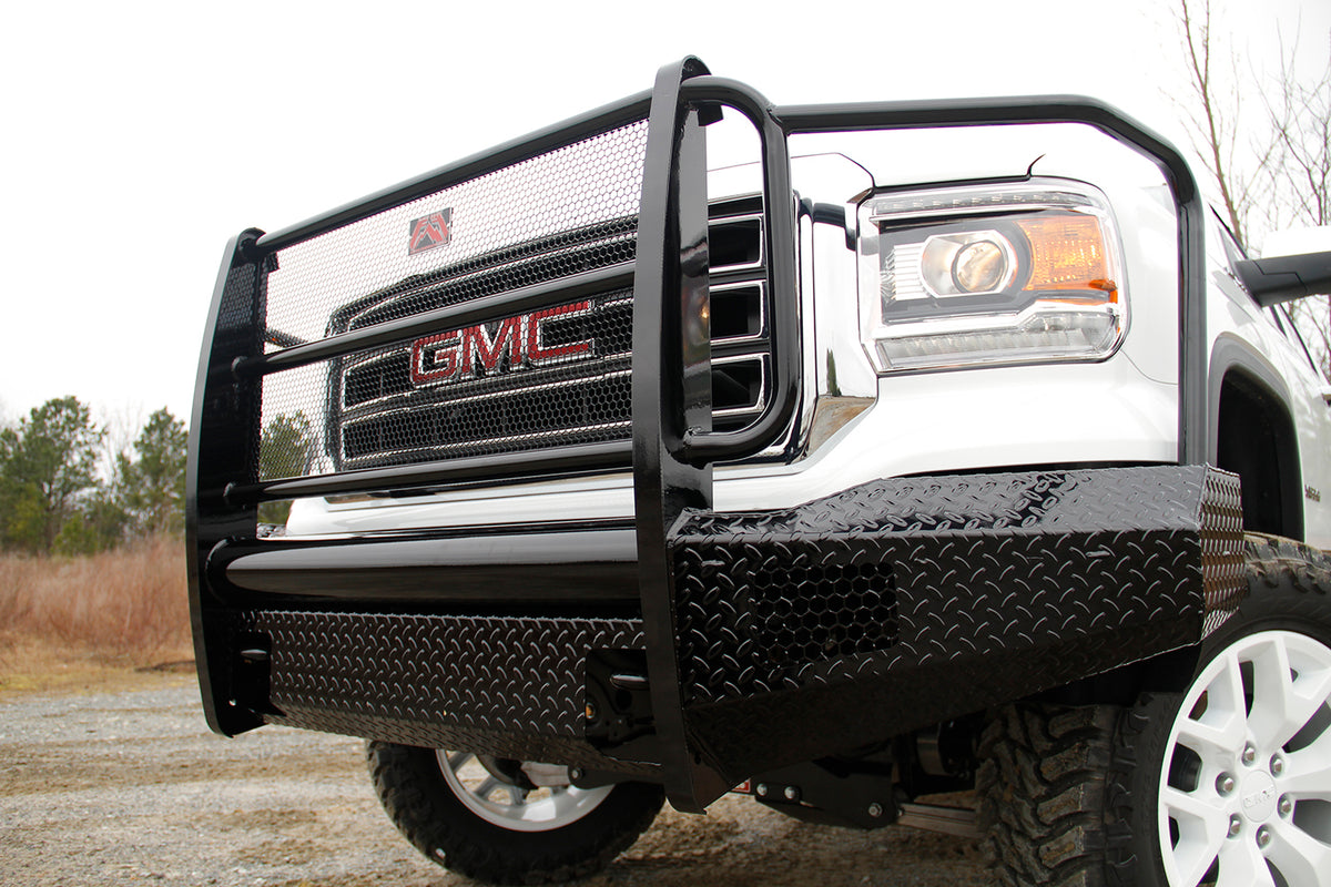 Fab Fours Black Steel Front Bumper, Full Grill Guard, 2-Stage Black Powder Coat GS14-K3160-1