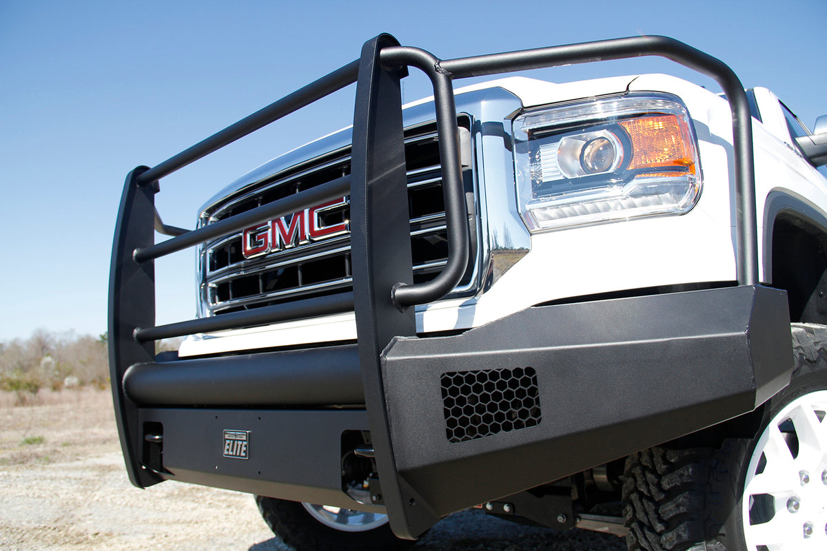 Fab Fours Elite Front Bumper, Full Grill Guard, 2-Stage Black Powder Coat GS14-R3160-1