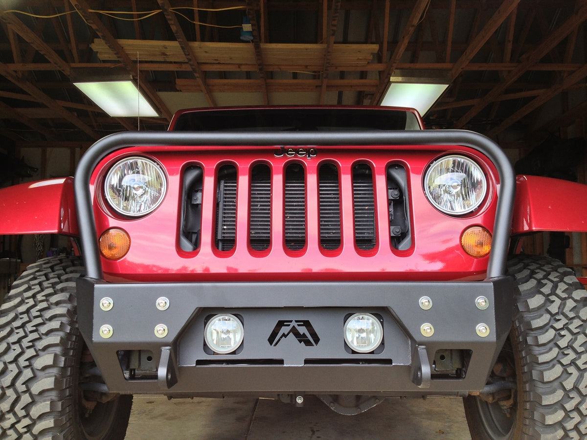 Fab Fours FMJ Stubby Winch Front Bumper, Full Grill Guard, 2-Stage Black Powder Coat JK07-B1856-1