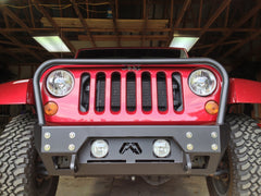 Fab Fours FMJ Stubby Winch Front Bumper, Full Grill Guard, 2-Stage Black Powder Coat JK07-B1856-1