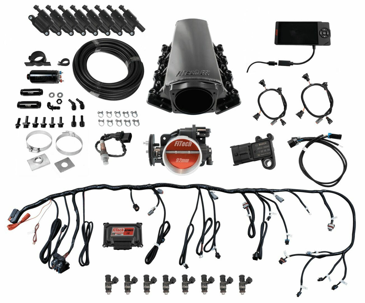 FiTech 79101 Ultimate LS Master Kit w/70001 Kit Plus Inline Fuel Pump Kit, led coil pack set