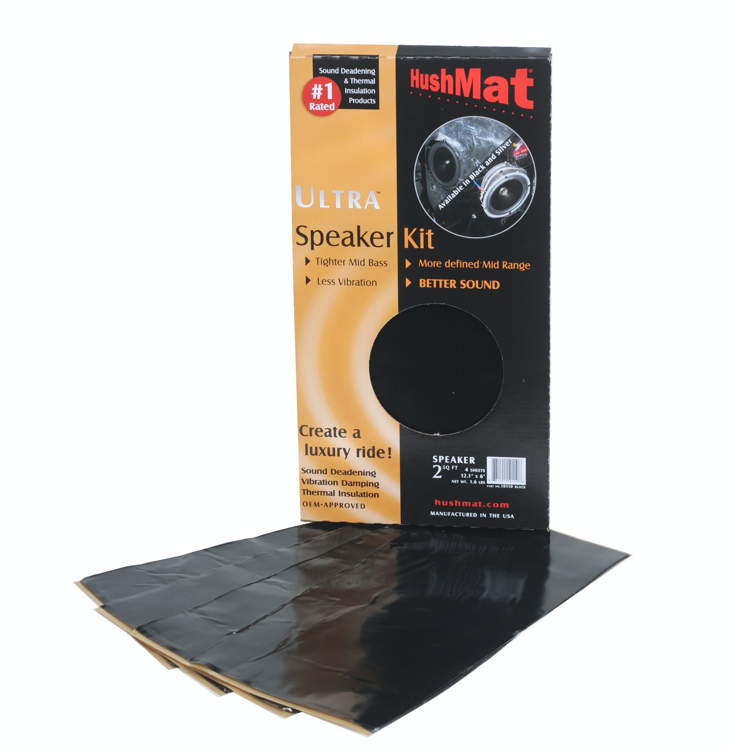 Hushmat 10110 Speaker Kit has 2 black sheets of 10x10 in Ultra. Total 1.4 sqft.