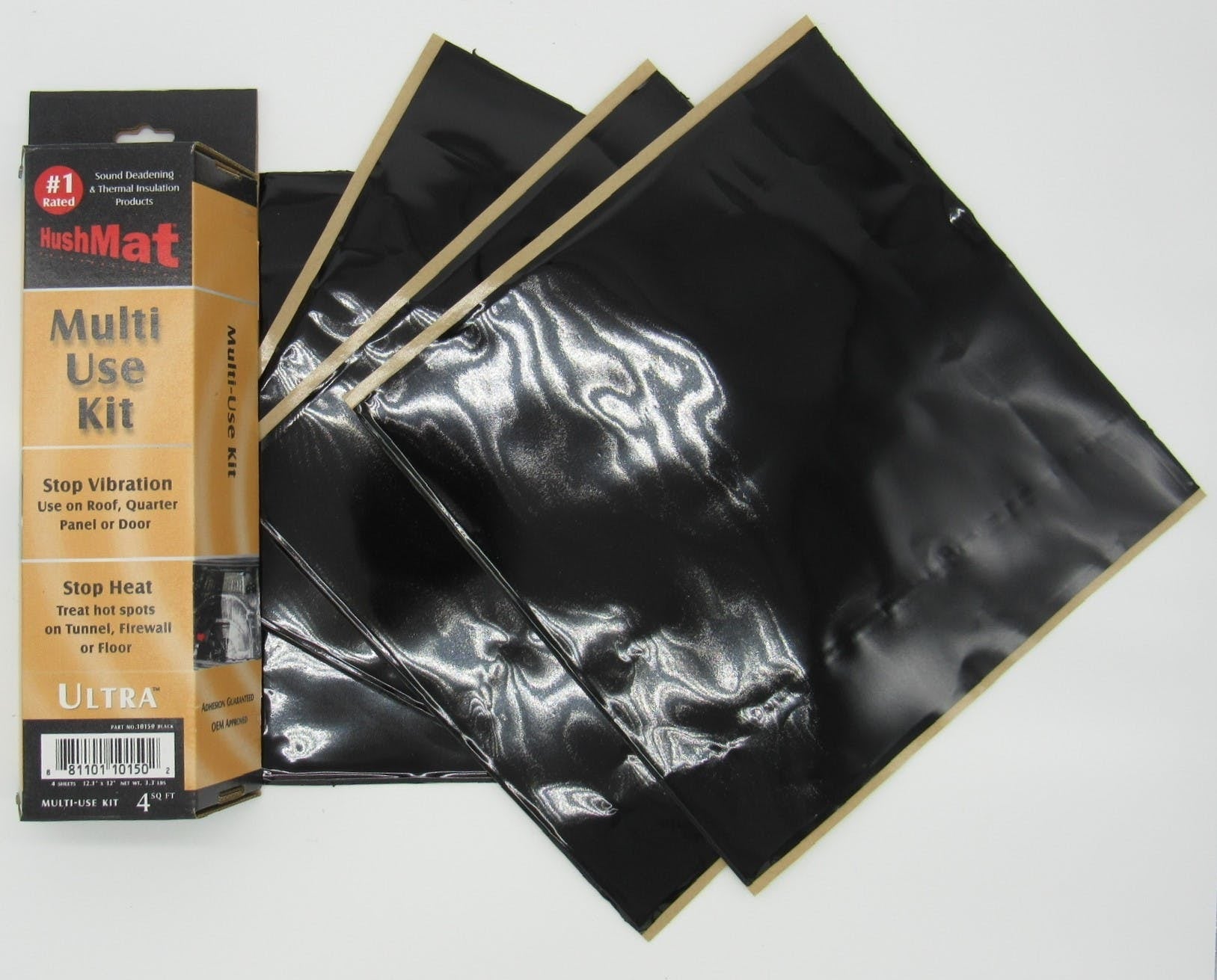 Hushmat 10150 Multi Use Kit has 4 black sheets of 12x11 in Ultra. Total 3.7 sqft.