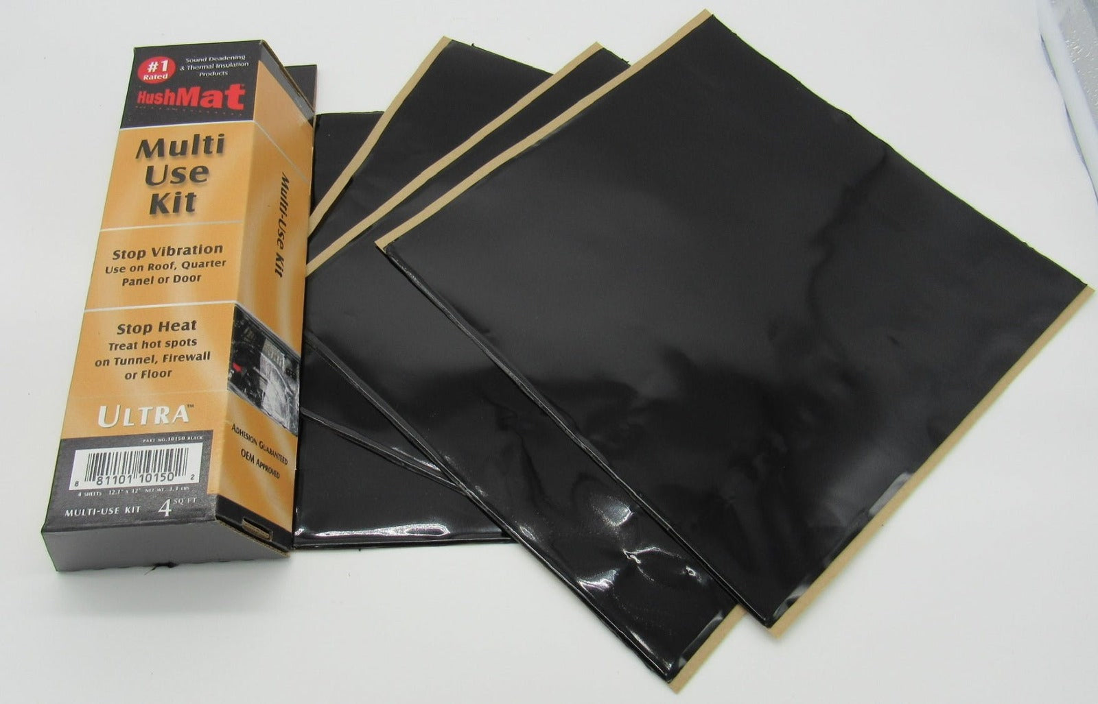 Hushmat 10150 Multi Use Kit has 4 black sheets of 12x11 in Ultra. Total 3.7 sqft.