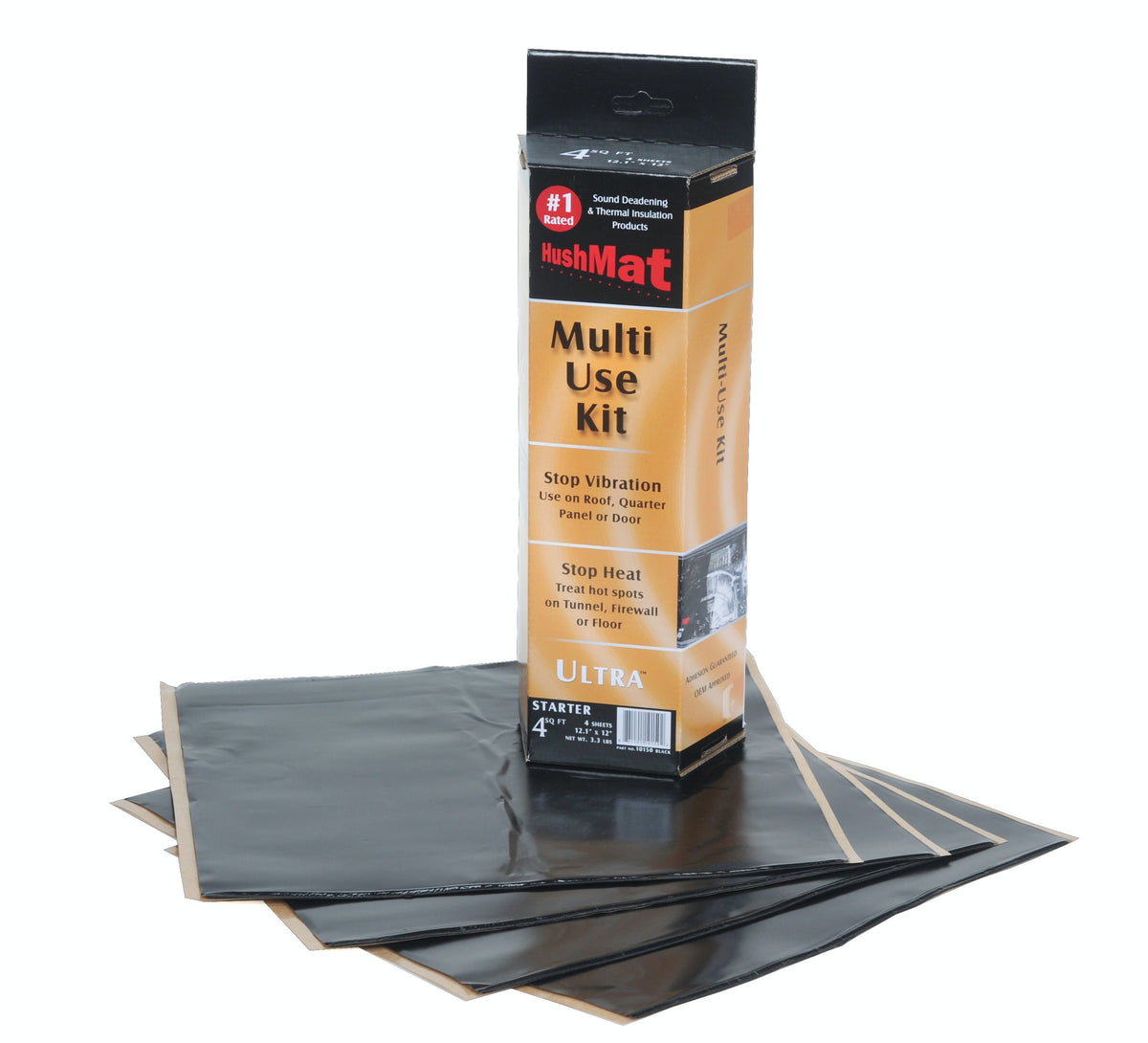 Hushmat 10150 Multi Use Kit has 4 black sheets of 12x11 in Ultra. Total 3.7 sqft.