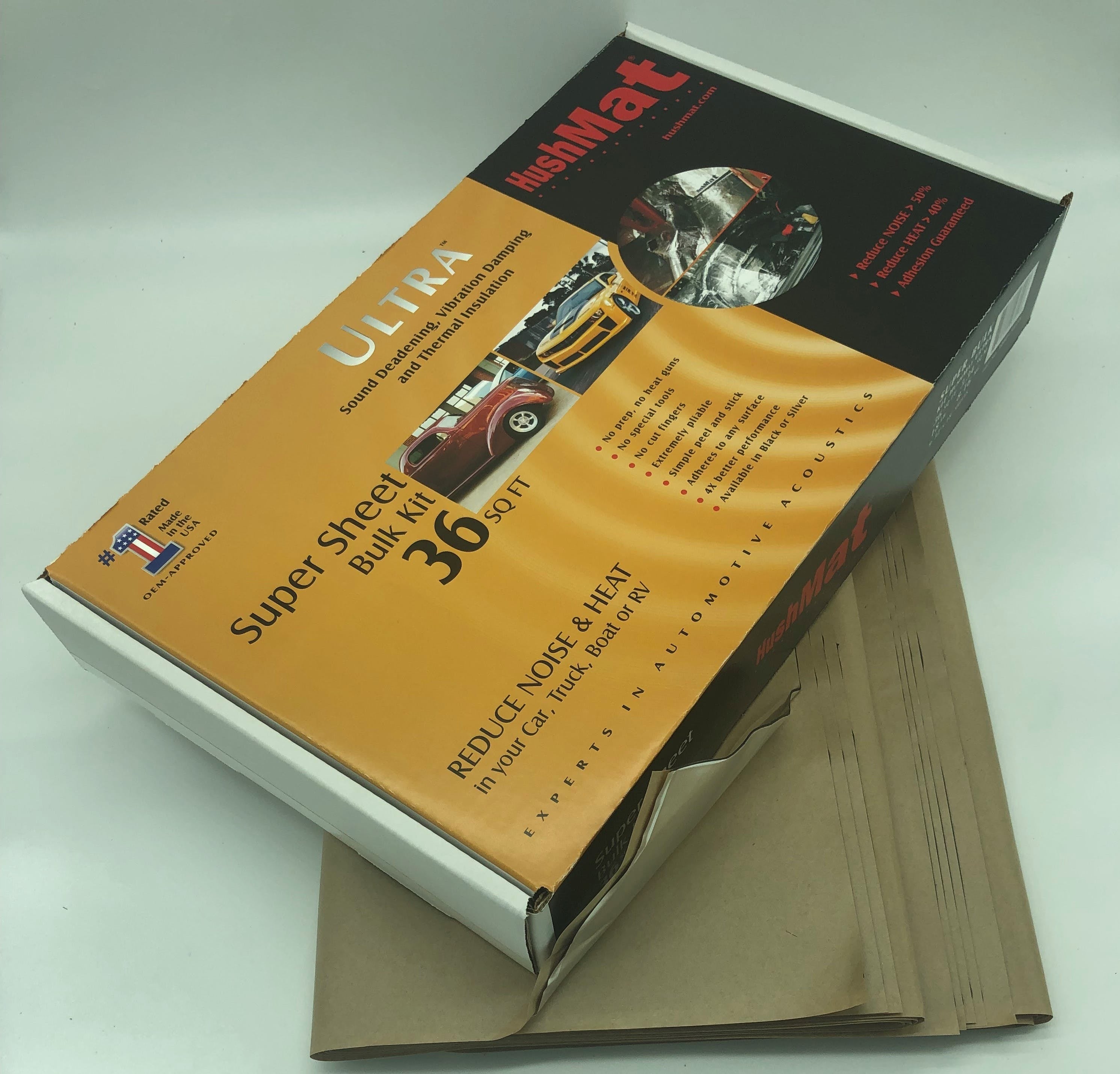 Hushmat 10801 Super Bulk Kit has 9 silver sheets of 18x32 in Ultra. Total 36 sqft.