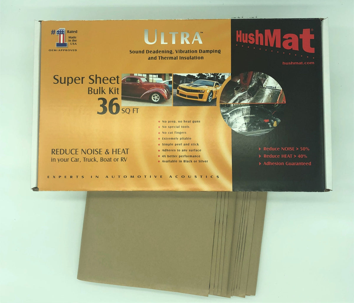Hushmat 10801 Super Bulk Kit has 9 silver sheets of 18x32 in Ultra. Total 36 sqft.