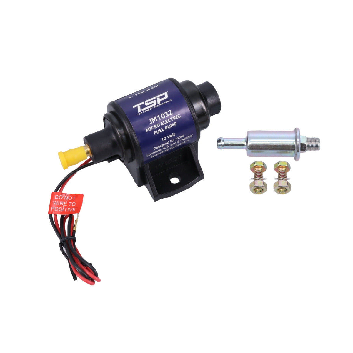 Top Street Performance JM1032 Micro Electric Fuel Pump with Filter, 35 Gph, 4-7 Psi, Gasoline, For Carburetor
