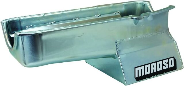 Moroso 20191 Wet Sump Kicked-Out Steel Oil Pan (8.25 deep/7qt/Baffled/Tray/SBC and Pre-80)