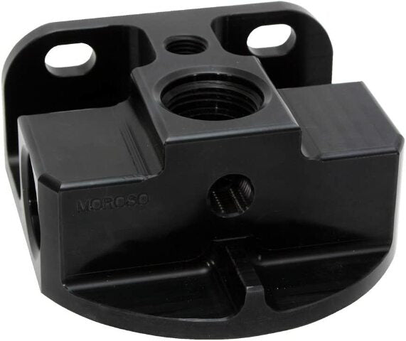 Moroso 23763 Billet Aluminum Remote Oil Filter Mount (Side Port Style, Black Anodized)