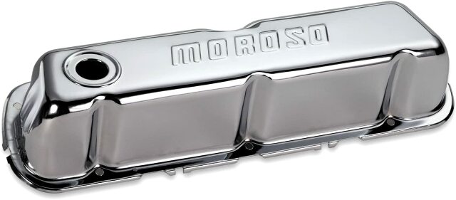 Moroso 68201 Chrome-Plated Stamped Steel Valve Covers (Ford 221-302-351W, 3.5 Tall, Baffled)
