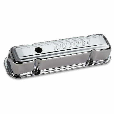 Moroso 68281 Chrome-Plated Stamped Steel Valve Covers (Pontiac 301-455, Baffled, 3.5 Tall)